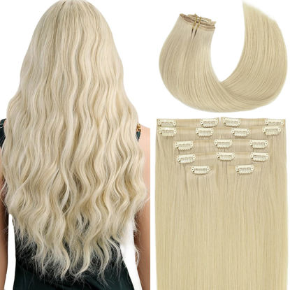 Picture of Lacer Hair Seamless Blonde Clip in Hair Extensions 20 Inch Human Hair 7 Pcs 110g #60A Platinum Blonde Hair Extensions Clip ins Invisible Thin Soft Tape Weft Silky Straight Clip On Hair Extensions