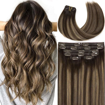 Picture of Lacer Hair Extensions Clip in Human Hair Chestnut Brown Mixed Dark Brown with Dark Brown Roots Color Ultra Thin PU Weft Seamless Extensions Clip in Human Hair R#2-2/6 110g 7pcs 14 Inch
