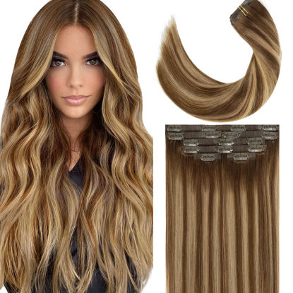 Picture of LacerHair PU Clip in Hair Extensions Remy Human Hair Chocolate Brown to Caramel Blonde with Brown Roots 22 Inch Thick Remy Glam Seamless Light Hair Extensions with Skin-Weft Technology 110g 7pcs