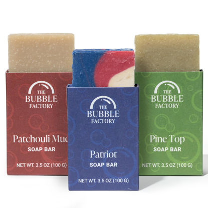 Picture of The Bubble Factory Handmade Natural Bath & Body Soap Bar, Vegan, All-Natural, Palm Oil Free, Made in USA with Shea Butter + Essential Oils, Patriot/Patchouli Mud/Pine Top