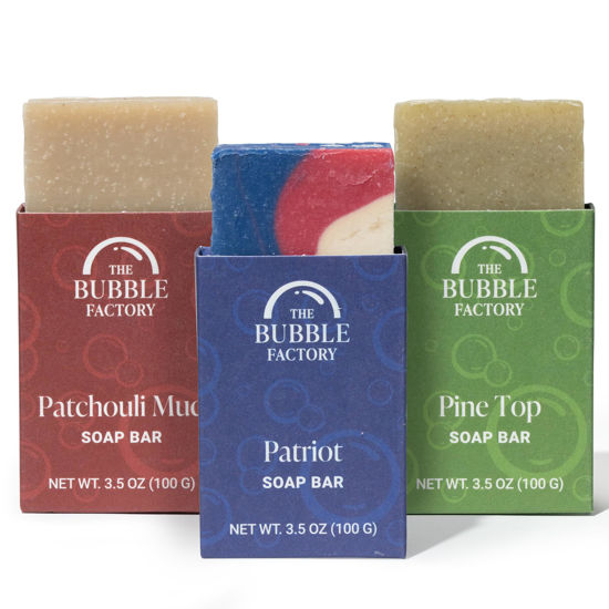 Picture of The Bubble Factory Handmade Natural Bath & Body Soap Bar, Vegan, All-Natural, Palm Oil Free, Made in USA with Shea Butter + Essential Oils, Patriot/Patchouli Mud/Pine Top