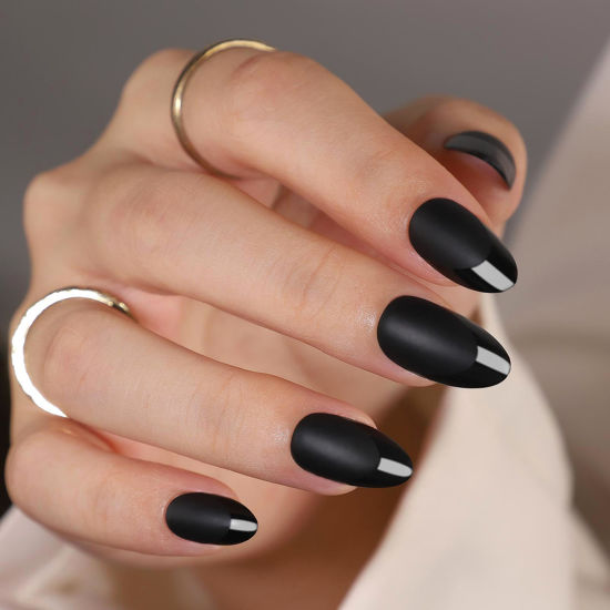 Picture of SHANGMENG Matte Black French Tip Press on Nails Almond - Soft Gel Press on Nails Short for Women Gift, Fit Perfectly & Natural Stick on Nails with Glue in 16 Sizes - 32 Reusable Fake Nails, Black