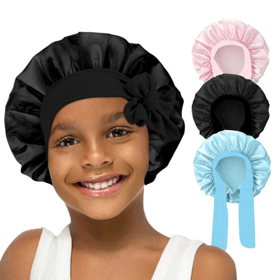 Picture of 3 Pcs Kids Silk Bonnet for Sleeping - Baby Satin Bonnet for Sleeping,Kids Hair Bonnets for Curly Hair Girls Boys with Wide Elastic Band,Sleeping Cap for Teens Toddler Child (Pink+Black+Light Blue)