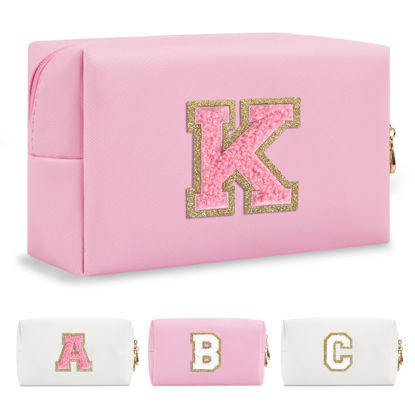 Picture of Personalized Initial A-Z Preppy Patch Makeup Bag,Small PU Leather Chenille Letter Cosmetic Bag with Zipper for Teen Girls,Pink Cute Travel Toiletry Bag,Birthday Monogrammed Gift for Daughter,Letter K