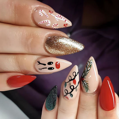 Picture of Cute Christmas Press on Nails Almond Fake Nails with Deer Glitter Cane Christmas Light Designs Medium Glue on Nails Glossy Winter False Nail Tips Full Cover Gel Artificial Nails Stick on Nails 24Pcs
