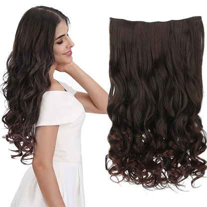 Picture of REECHO 24" 1-Pack 3/4 Full Head Curly Wave Clips in on Synthetic Hair Extensions HE008 Hairpieces for Women 5 Clips per Piece-Dark Brown