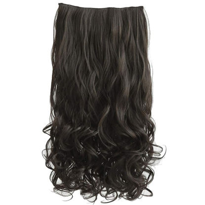 Picture of REECHO 24" 1-Pack 3/4 Full Head Curly Wave Clips in on Synthetic Hair Extensions HE008 Hairpieces for Women 5 Clips per Piece-Black Brown