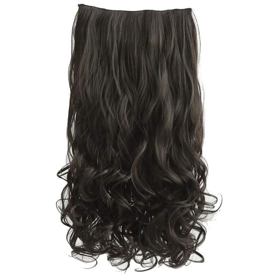 Picture of REECHO 24" 1-Pack 3/4 Full Head Curly Wave Clips in on Synthetic Hair Extensions HE008 Hairpieces for Women 5 Clips per Piece-Black Brown