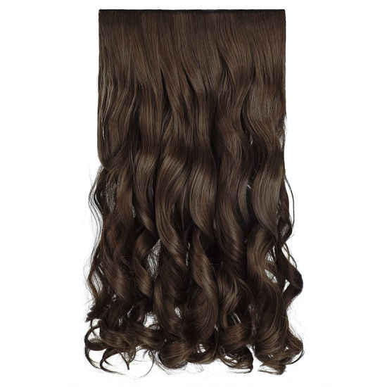Picture of REECHO 20" 1-Pack 3/4 Full Head Curly Wave Clips in on Synthetic Hair Extensions HE008 Hairpieces for Women 5 Clips per Piece-Dark Brown with Copper Highlights