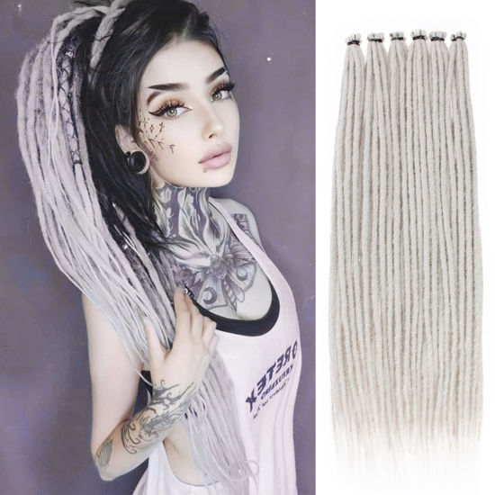 Picture of Leeven 40 Strands Thin Dreadlock Extensions 24 Inch Grey Soft Crochet SE Dreads Reggae Style Synthetic Braiding Hair 0.6 cm Width Loc Extensions for Women Men