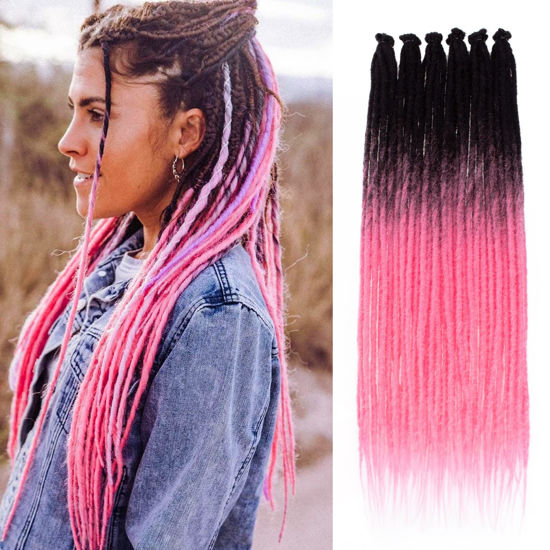 Picture of Leeven Synthetic Dreadlock Extensions 40 Strands 24 Inch Single Ended Ombre Pink Crochet Dreads Extensions 0.6 cm Width Handmade Loc Extensions Reggae Style Braiding Hair for Women Men