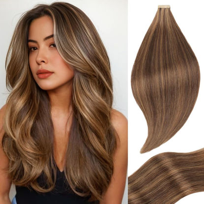 Picture of Human Hair Tape in Extensions, Darkest Brown to Medium Brown Extensions Real Human Hair 20 Inch 20pcs Remy Straight Tape ins Invisible Tape in Hair Extensions Human Hair (P2/10#,20 Inch)