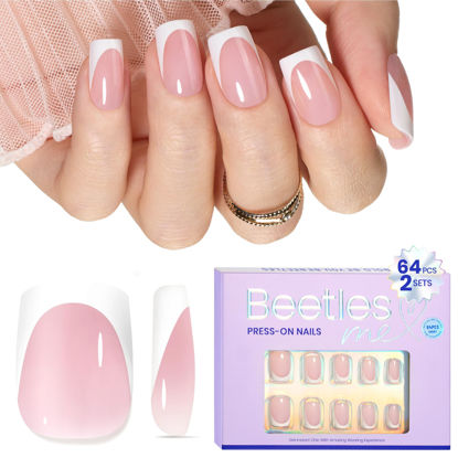 Picture of Beetles Short Square French Tip Press On Nails, 16 Sizes 64 Pcs Pink Squoval Shape Short Square Press On Nails Fake Nails Extensions Gel Nail Tips Nail Art DIY Manicure Valentines Gifts for Women