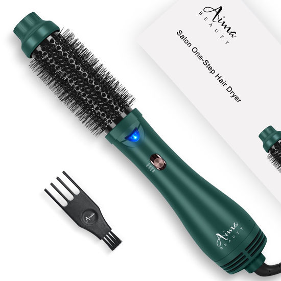 Picture of Aima Beauty Hair Dryer Brush, One Step Hair Dryer & Volumizing Hot Air Brush, 3 Heat/Speed Settings, Advanced Ionic Technology, Ceramic Coating, Nylon Pins & Tufted Bristles, Dark Green, 1000W, 125V