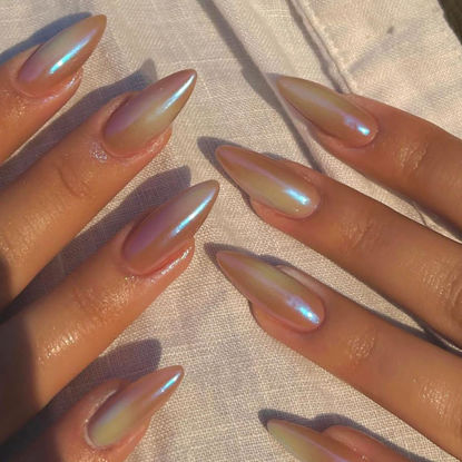 Picture of YOSOMK Almond Press on Nails Medium Fake Nails with Aurora Colors Designs Cat Eyes Glossy Glue on Nails Glitter Sequins Full Cover False Nails for Women