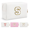 Picture of Small Personalized Initial A-Z Preppy Patch Makeup Bag,White PU Chenille Letter Travel Cosmetic Pouch with Zipper,Cute Toiletry Bag,Gift Ideal for Teen Girls Women Teacher Bridesmaid,Letter S