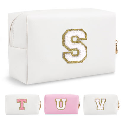 Picture of Small Personalized Initial A-Z Preppy Patch Makeup Bag,White PU Chenille Letter Travel Cosmetic Pouch with Zipper,Cute Toiletry Bag,Gift Ideal for Teen Girls Women Teacher Bridesmaid,Letter S