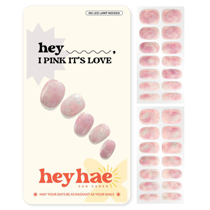 Picture of Heyhae Semi Cured Gel Nail Strips | Sun Cured Gel Nail Wraps No LED Lamp Needed Easy Apply & Remove | Includes 28 strips, 1 Prep Pad, 1 Nail File & 1 Wooden Stick - Hey, I Pink It's Love