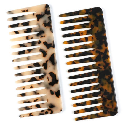 Picture of TaShow Hair Detangling Comb, 2 Pack Large Cellulose Acetate Wide Tooth Comb for Wet and Dry Hair, Women's Thick Curly Wavy Hair (Tortoise Shell, Ivory)