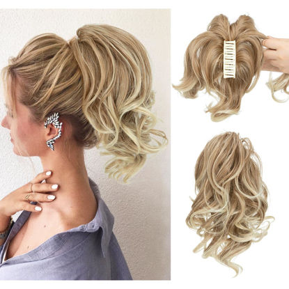 Picture of CJL HAIR Claw Clip Short Ponytail Hair Extensions DIY Bendable Metals Messy Bun Hair Piece for Wonen Wavy Curly Synthetic Fake Hairpieces Gloden Blonde and Beach Blonde Tips