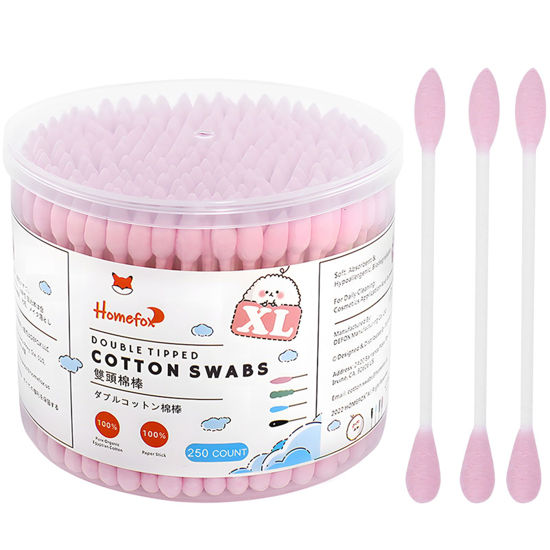 Picture of HOMEFOX XL Pink Thick Cotton Swabs Pointed Precision - 250 Count Extra Large - Pointy Organic Cotton Buds Double Side Tightly Wrapped Cotton Tips Paper Stick Cruelty-Free, XL Pointy & Round Pink