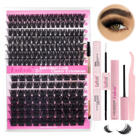 Picture of FADLASH DIY Lash Extension Kit Individual Lashes Cluster D Curl Eyelash Extension Kit D Curl Lash Clusters Lash Applicator Tool for Self Application at Home(KIT 100D+200D-D-12-18mm)