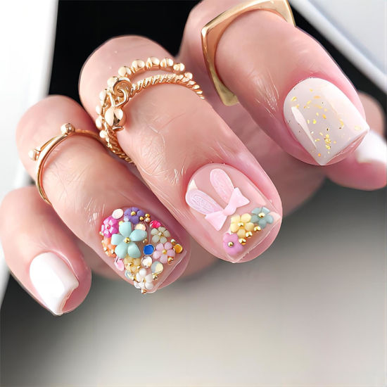 Picture of RTKHFZE Press on Nails Short Square Nails Tip Fake Nails with 3D Flower and Cute Bow Designs Press On False Nails Full Cover Acrylic Nails with nails Glue for Women and Girls 24Pcs