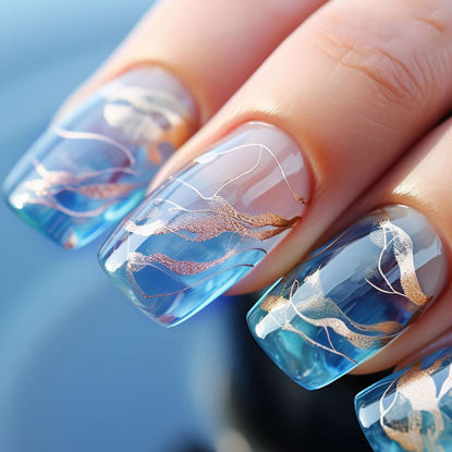 Picture of 24Pack Medium Press on Nails Nails Square Fake Nails RTKFZE Medium Long Acrylic Nails with Gold Thread Fake Nails Glitter Ombre Nails Gel Nails Full Coverage Nail Stickers for Women Manicure