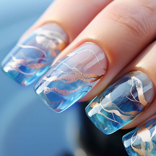 Picture of 24Pack Medium Press on Nails Nails Square Fake Nails RTKFZE Medium Long Acrylic Nails with Gold Thread Fake Nails Glitter Ombre Nails Gel Nails Full Coverage Nail Stickers for Women Manicure