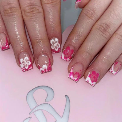 Picture of RTKHFZE Short Press on Nails French Tip Nails Press Ons Square Fake Nails with Pink and white Floral Designs False Nails Full Cover Acrylic Nails for Women and Girls 24Pcs