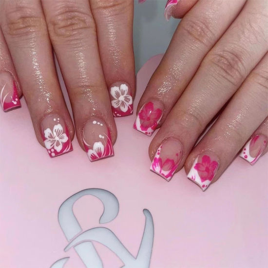 Picture of RTKHFZE Short Press on Nails French Tip Nails Press Ons Square Fake Nails with Pink and white Floral Designs False Nails Full Cover Acrylic Nails for Women and Girls 24Pcs