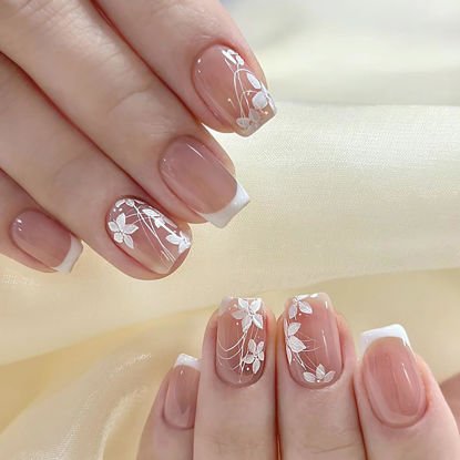 Picture of RTKHFZE Press on Nails French Tip Short Fake Nails Square Acrylic Nails with Cute Flower Designs Artificial Nails Pink False Nails Stick on Nails for Women Manicure 24Pcs