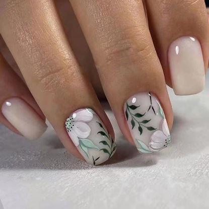 Picture of RTKHFZE Press on Nails Medium Square Fake Nails with Flower Leaf Designs White Acrylic Nails Green Full Cover Glue on Nails Glossy Artificial Nails Summer Stick on Nails for Women 24Pcs