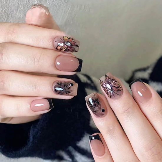 Picture of RTKHFZE Short Press on Nails Square Black Butterfly Fake Nails with Design Exquisite Stick on Nails Full Cover Acrylic Glossy Glue on Nails Artificial Nails for Women Manicure Decorations 24Pcs