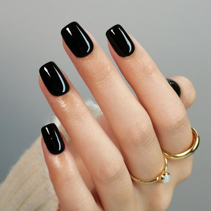 Picture of Soft Gel Press on Nails Square - SHANGMENG Black Press on Nails Short for Women Gift, Fit Perfectly & Natural Stick on Nails with Glue in 16 Sizes - 32 Reusable Fake Nails, Classic Black