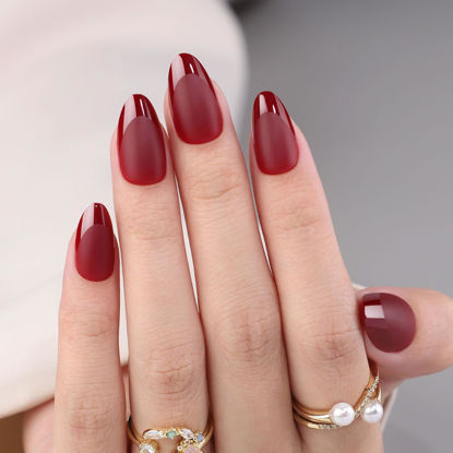 Picture of SHANGMENG Valentines French Tip Press on Nails Almond - Soft Gel Matte Red Press on Nails Short for Women Gift, Fit Natural Stick on Nails with Glue in 16 Sizes - 32 Reusable Fake Nails, Ancora Red