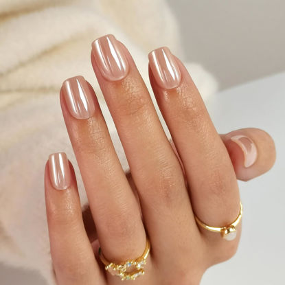 Picture of SHANGMENG Chrome Nude Press on Nails Square - Soft Gel Glazed Press on Nails Short for Women Gift, Fit Perfectly & Natural Stick on Nails with Glue in 16 Sizes - 32 Reusable Fake Nails, Aurora Nude
