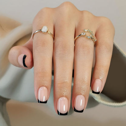 Picture of SHANGMENG Black French Tip Press on Nails Square - Soft Gel Press on Nails Short, Fit Perfectly & Natural Stick on Nails with Glue in 16 Sizes - 32 Reusable Fake Nails for Women Gift, Black French