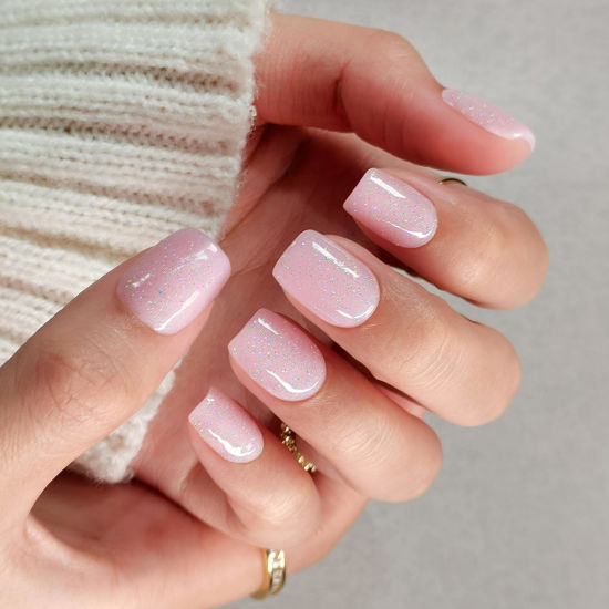 Picture of SHANGMENG Press on Nails Square - Soft Gel Pink Valentines Press on Nails Short for Women Gift, Fit Perfectly & Natural Stick on Nails with Glue in 16 Sizes - 32 Reusable Fake Nails, Shimmering Pink
