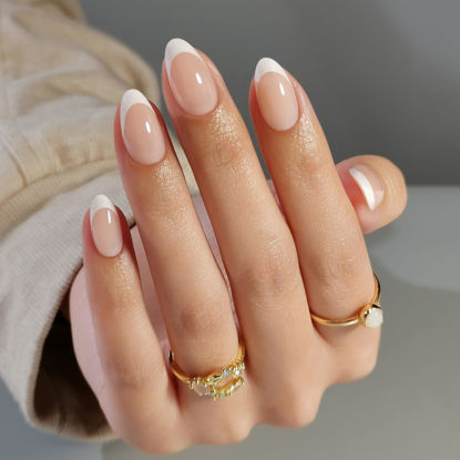 Picture of SHANGMENG White French Tip Press on Nails Short - Soft Gel Press on Nails Almond for Women Gift, Fit Perfectly & Natural Stick on Nails with Glue in 16 Sizes - 32 Reusable Fake Nails, White French