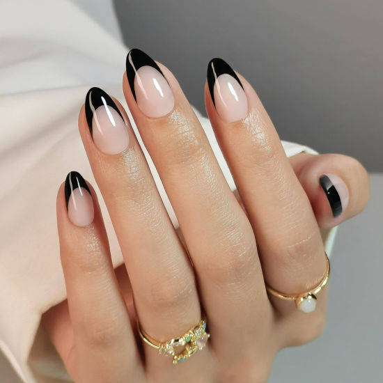 Picture of SHANGMENG Black French Tip Press on Nails Almond - Soft Gel Press on Nails Short for Women Gift, Fit Perfectly & Natural Stick on Nails with Glue in 16 Sizes - 32 Reusable Fake Nails, French Black