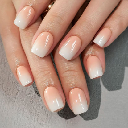 Picture of SHANGMENG Ombre Press on Nails Square - Soft Gel Press on Nails Short for Women Gift, Fit Perfectly & Natural Stick on Nails with Glue in 16 Sizes - 32 Reusable Fake Nails, Gradient White