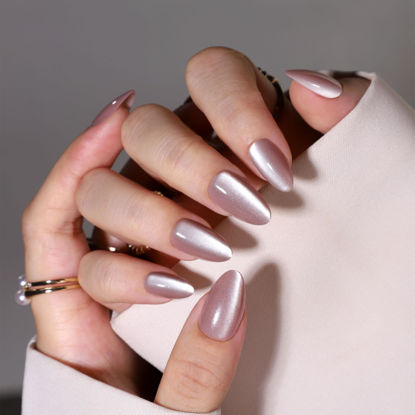 Picture of SHANGMENG Soft Gel Press on Nails Short - Pink Cat Eye Press on Nails Almond for Women Gift, Fit Perfectly & Natural Stick on Nails with Glue in 16 Sizes - 32 Reusable Fake Nails, Glitter Pink