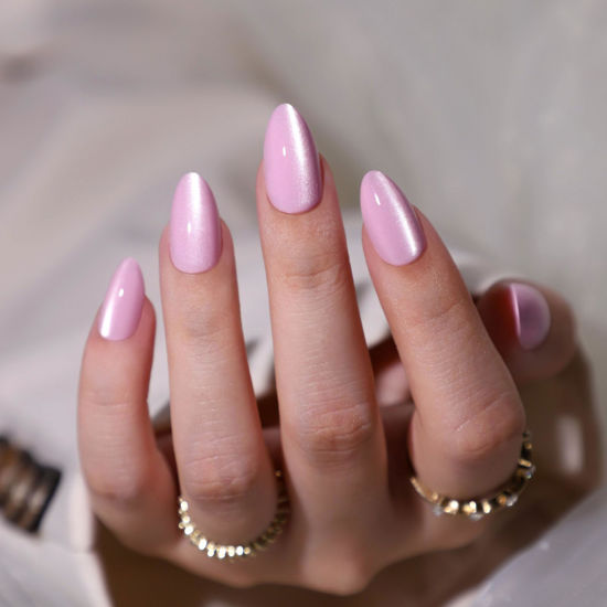 Picture of SHANGMENG Pink Cat Eye Press on Nails Almond - Soft Gel Valentines Press on Nails Short for Women Gift, Natural Fit & Glossy Stick on Nails with Glue in 16 Sizes - 32 Reusable Fake Nails, Cat Eye Pink