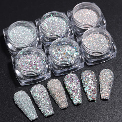 Picture of Reflective Nail Glitter Powder 6 Boxes Sparkling Diamond Glitter for Nails Iridescent Sequins Holographic Glitter Super Bright Pigment Dust Glitter Nail Art Decor