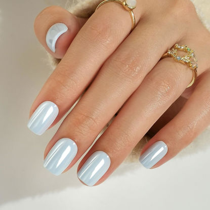 Picture of SHANGMENG Chrome Press on Nails Square - Soft Gel Blue Glazed Press on Nails Short for Women Gift, Glossy & Natural Stick on Nails with Glue in 16 Sizes - 32 Reusable Fake Nails, Aurora Light Blue