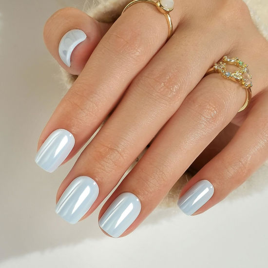 Picture of SHANGMENG Chrome Press on Nails Square - Soft Gel Blue Glazed Press on Nails Short for Women Gift, Glossy & Natural Stick on Nails with Glue in 16 Sizes - 32 Reusable Fake Nails, Aurora Light Blue