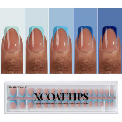 Picture of BTArtboxnails XCOATTIPS French Tip Press On Nails - Blue Press On Nails Short, Square Fake Nail Tips, 160Pcs Soak Off Soft Gel Acrylic Brown Nail Extension in 16 Sizes