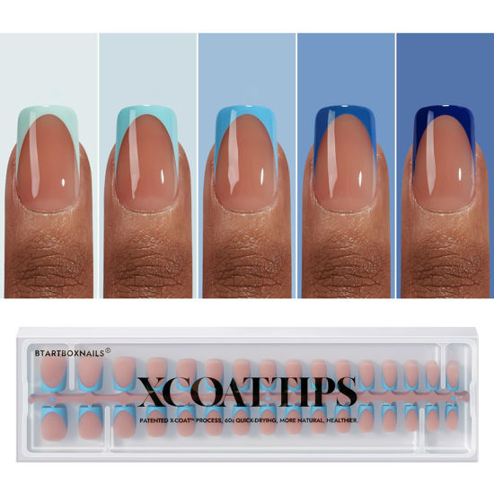 Picture of BTArtboxnails XCOATTIPS French Tip Press On Nails - Blue Press On Nails Short, Square Fake Nail Tips, 160Pcs Soak Off Soft Gel Acrylic Brown Nail Extension in 16 Sizes