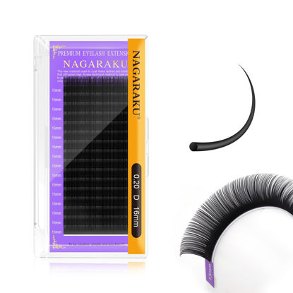 Picture of NAGARAKU Eyelash Extensions Individual Lashes 0.20 mm D curl 16mm Premium Classic Matte Black Faux Mink 16 Rows Natural Professional Beauty Salon Supplies